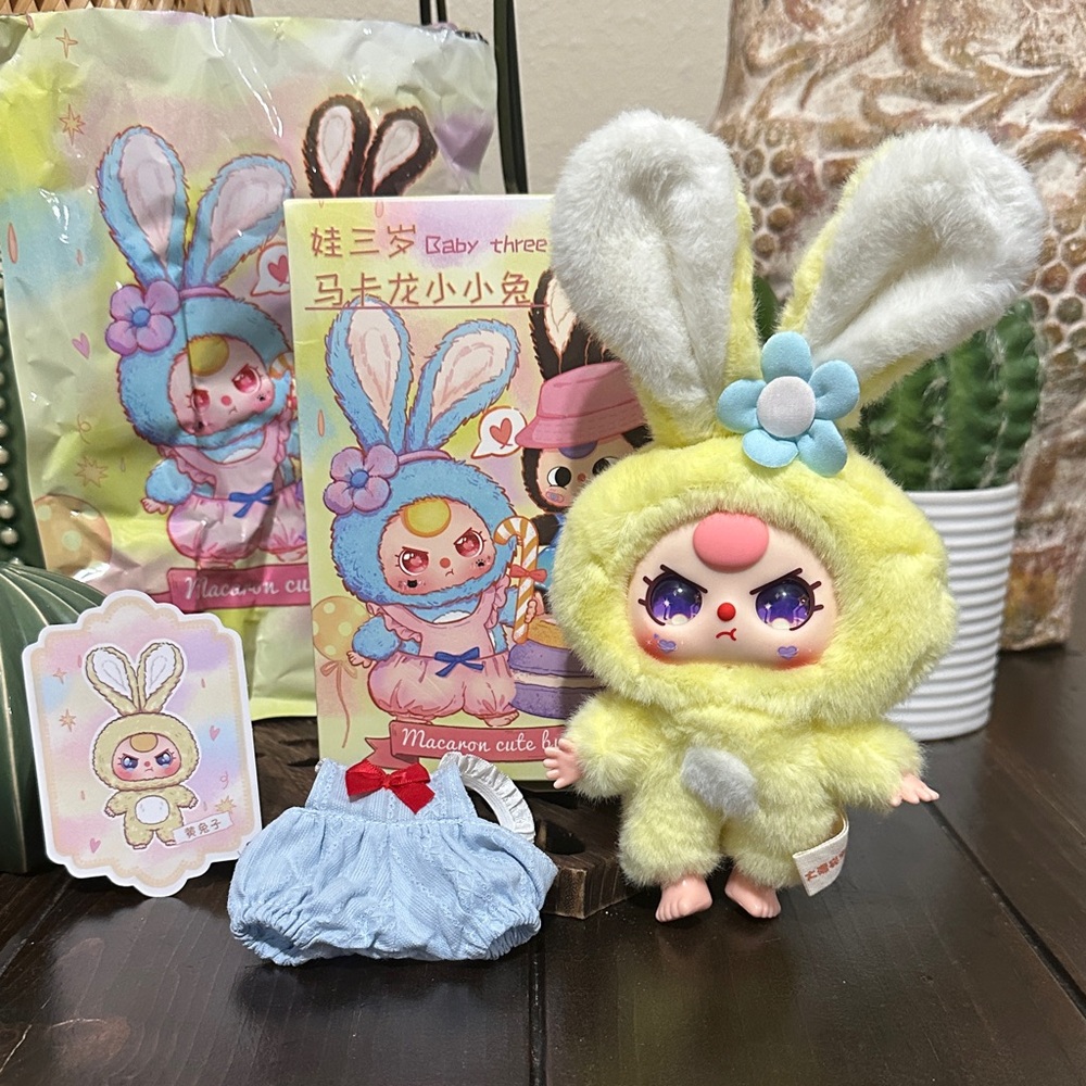 Baby Three Macaron Cute Bunny Plush Keychain Yellow with Outfit